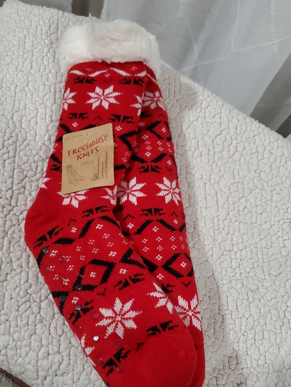 Women's Red Fair Isle Mid-Calf Sherpa-Lined Shipper Socks